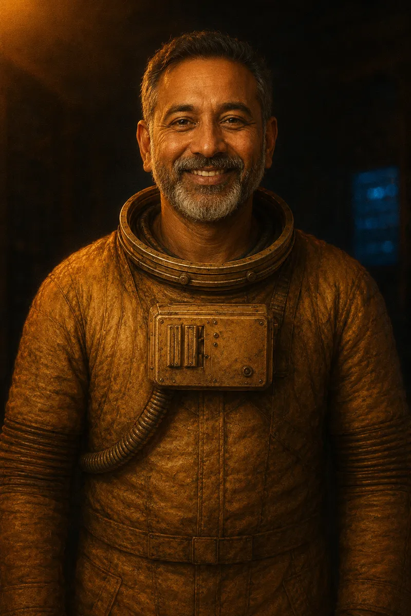 A smiling man with a grey beard, in a brass pressure suit, in a dark room lit from one side