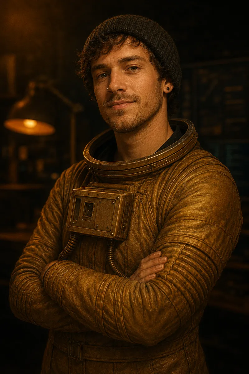 A young man in a beanie, arms crossed, in a brass pressure suit, a lit desk lamp behind him